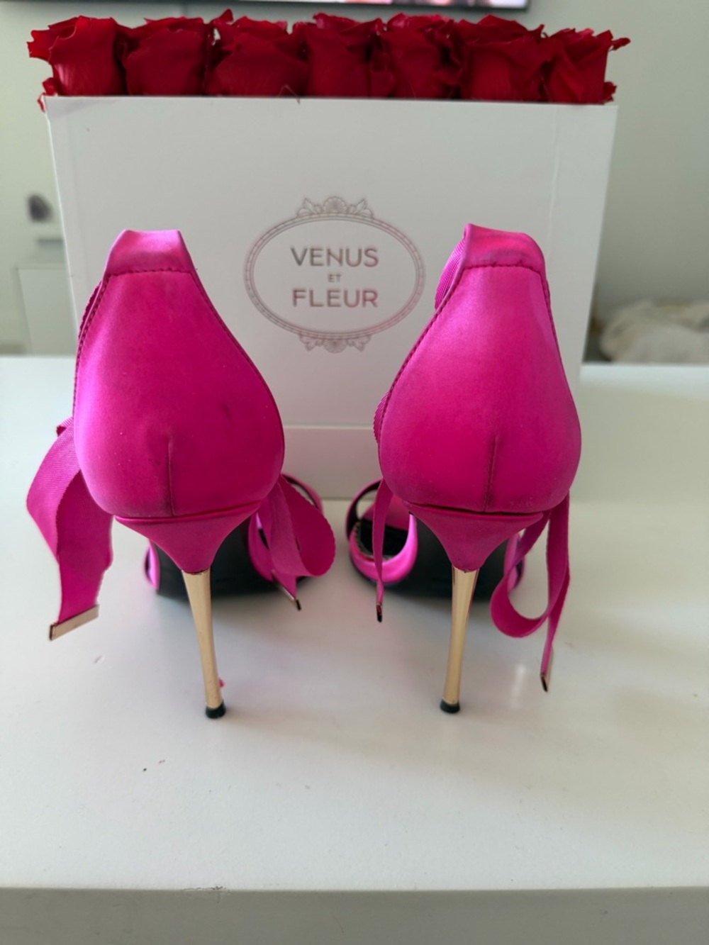 Tom Ford Hot Pink Satin Ankle-Tie Heels with Gold Buckles - Picture 3 of 4